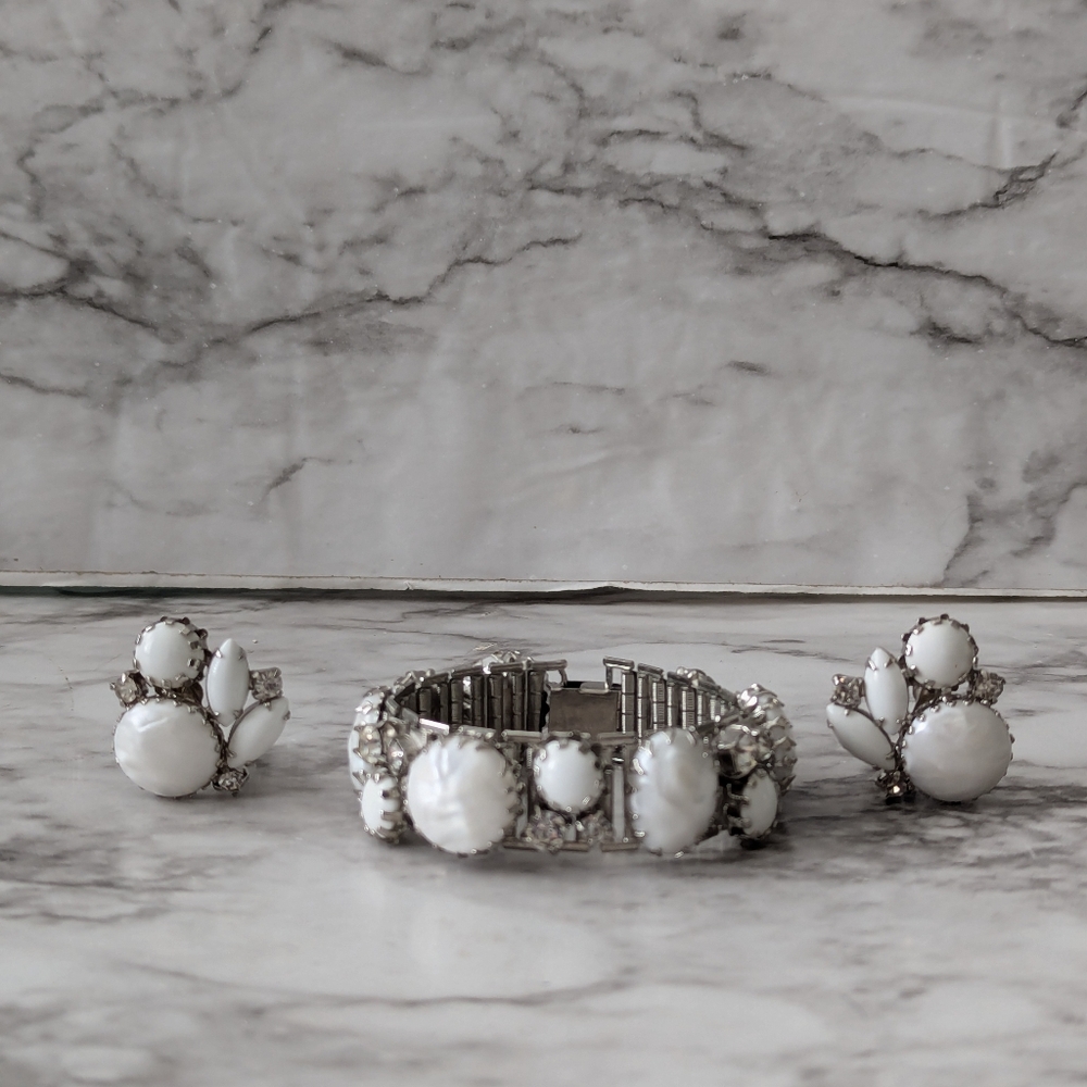 Vintage Bracelet and Earrings Set White Stones and Silver Tone